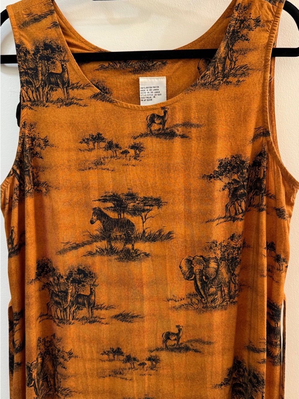 VTG Kathie Lee Safari Toile Maxi Dress 14 Orange Rayon Elephant Zebra Boho - Picture 4 of 10